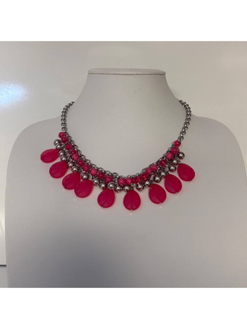 Hot Pink Teardrop Bib Necklace Silver Tone Chain Beaded Statement Jewelry